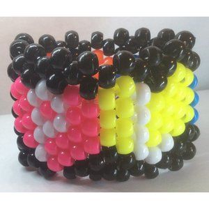 Kandi Cuff Rave Bracelet PLUR In Neon Hearts Stretchy String Pony Beads